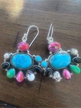 Shivam Sterling Silver Multi-Stone Mojave Turquoise Drop Earrings - Blue & Pink
